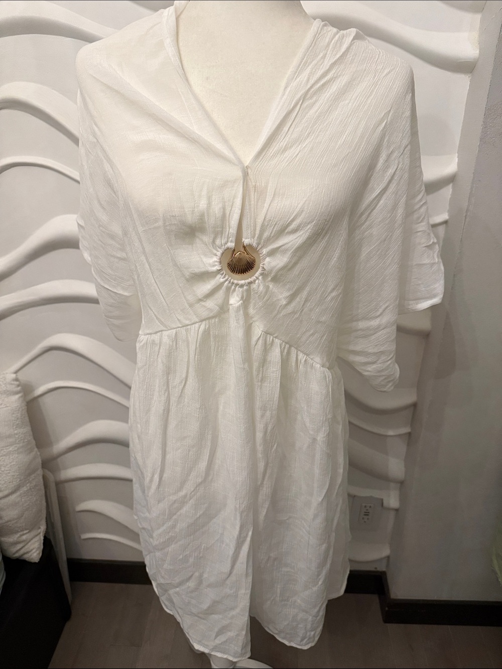White Women’s Swim Coverup Tunic with Shell Accent
